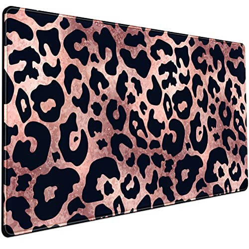 Desk Mat Decor Leopard Rose Black Large Gaming Mouse Pad Gold Pink Marble Mousepad for Women Computer Office Keyboard Mat Laptop Big Mouse Pad Cute Desk Decor 31.5x15.7 in with Non-Slip Stitched Edge - 1