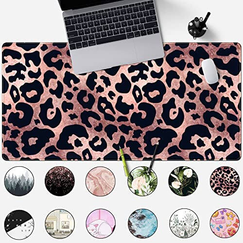 Desk Mat Decor Leopard Rose Black Large Gaming Mouse Pad Gold Pink Marble Mousepad for Women Computer Office Keyboard Mat Laptop Big Mouse Pad Cute Desk Decor 31.5x15.7 in with Non-Slip Stitched Edge - 2