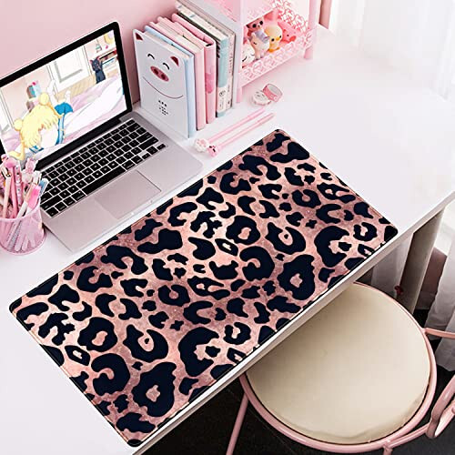 Desk Mat Decor Leopard Rose Black Large Gaming Mouse Pad Gold Pink Marble Mousepad for Women Computer Office Keyboard Mat Laptop Big Mouse Pad Cute Desk Decor 31.5x15.7 in with Non-Slip Stitched Edge - 5