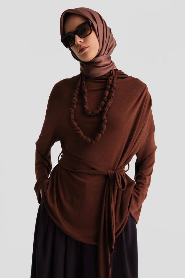 Detailed Draped Necklace Blouse (24k3614) Reddish Brown - 1