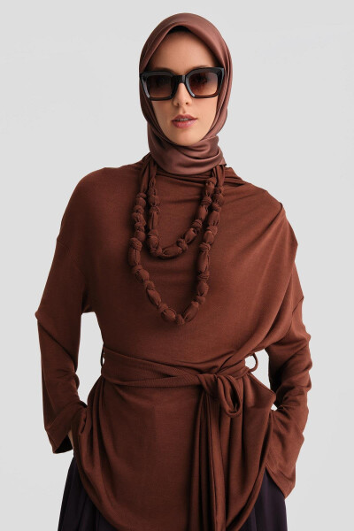 Detailed Draped Necklace Blouse (24k3614) Reddish Brown - 4