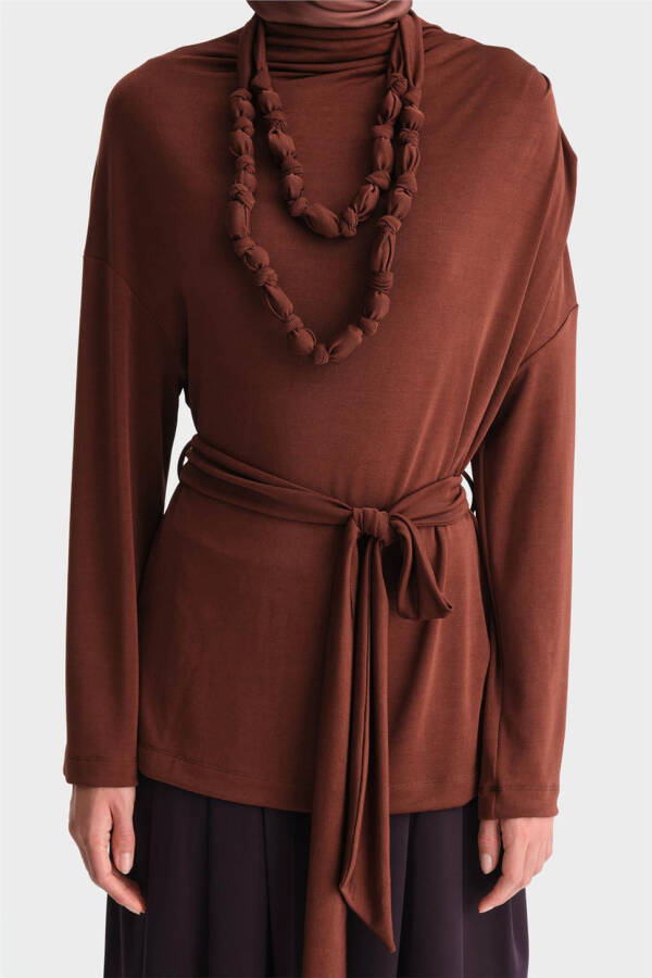 Detailed Draped Necklace Blouse (24k3614) Reddish Brown - 5