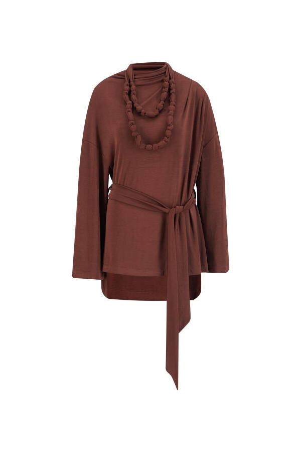 Detailed Draped Necklace Blouse (24k3614) Reddish Brown - 7