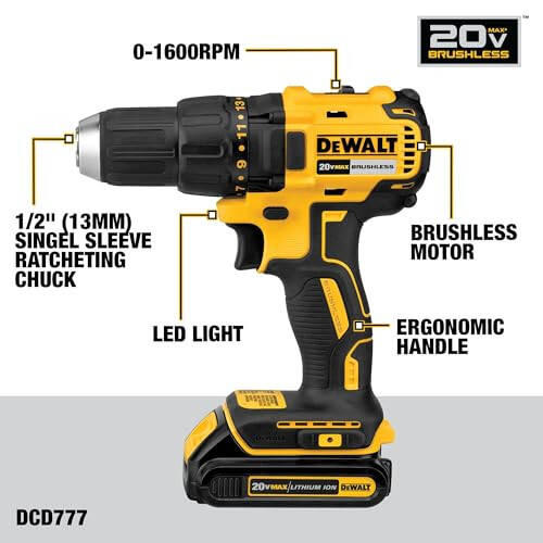 DEWALT 20V MAX Şarjlı Matkap-Tornavida, 1/2 İnç, 2 Hız, XR 2.0 Ah Pil ve Şarj Cihazı Dahil (DCD777D1) - 2