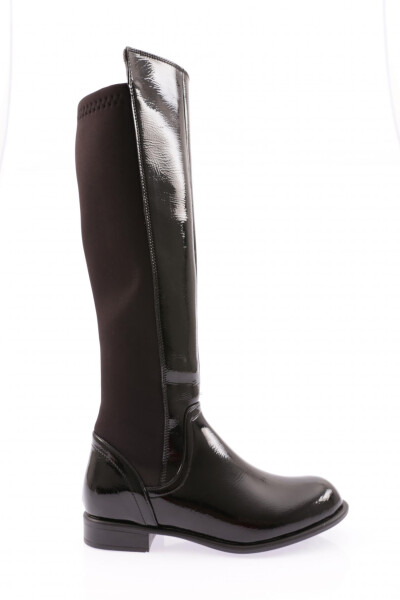 DGN 501 Women's Back Stretch Side Zipper Knee High Flats Boots Black Patent Leather - 1