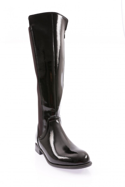 DGN 501 Women's Back Stretch Side Zipper Knee High Flats Boots Black Patent Leather - 2