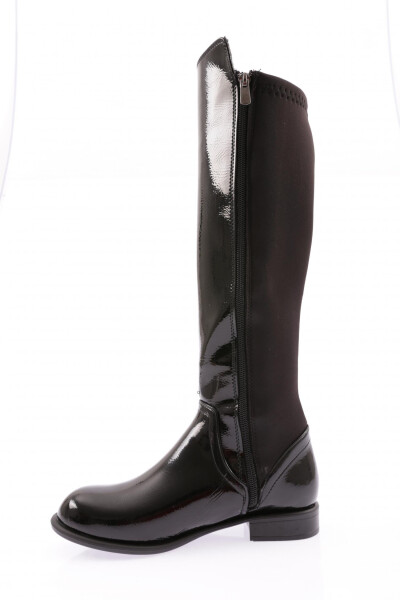 DGN 501 Women's Back Stretch Side Zipper Knee High Flats Boots Black Patent Leather - 3