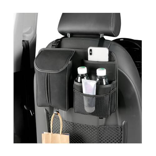 Dickno Car Back Seat Organizer, Multi-Pockets Leather Automotive Organizer with Tissue Box, Durable Hanging Front Seat Storage Box with Hooks, Universal Vehicle Travel Accessories (Black) - 1