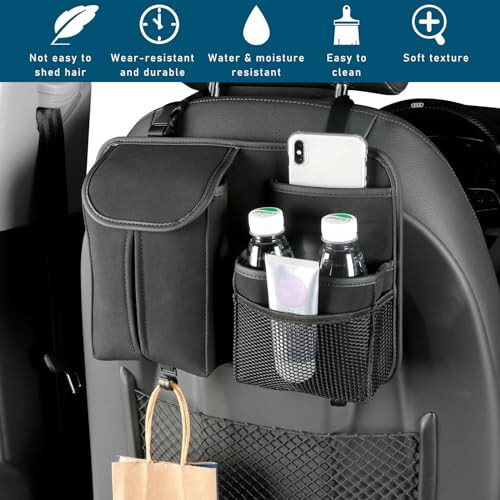 Dickno Car Back Seat Organizer, Multi-Pockets Leather Automotive Organizer with Tissue Box, Durable Hanging Front Seat Storage Box with Hooks, Universal Vehicle Travel Accessories (Black) - 4