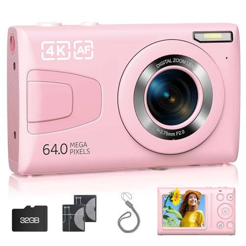 Digital Camera 64MP 4K Auto Focus Point and Shoot Video Camera with 32GB Card for Vlog, 18X Zoom, Compact Small Vintage Camera for Teens Students Boys Girls Kids Pink - 1