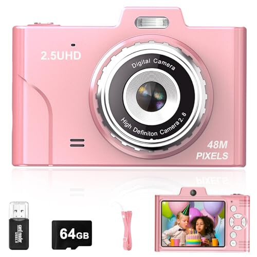 Digital Camera for Kids, 48MP 1080P FHD Camera with 64GB Card, 8X Digital Zoom Point and Shoot Digital Camera Compact Small Camera Gifts for Teens Students Children Kids Boys Girls(Pink) - 1