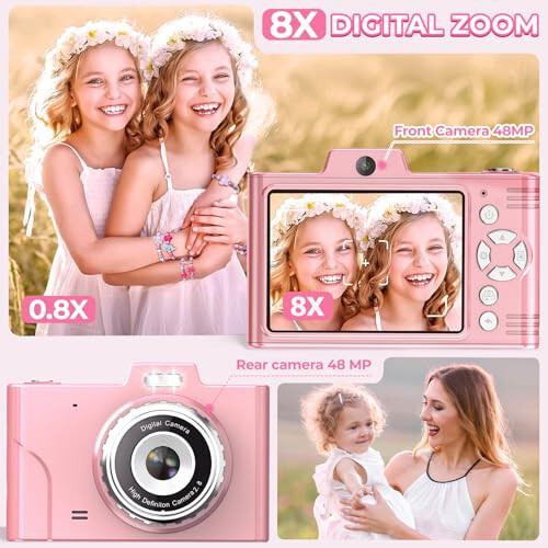 Digital Camera for Kids, 48MP 1080P FHD Camera with 64GB Card, 8X Digital Zoom Point and Shoot Digital Camera Compact Small Camera Gifts for Teens Students Children Kids Boys Girls(Pink) - 3