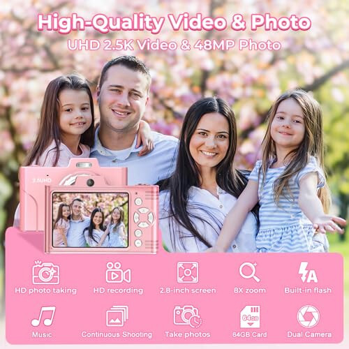 Digital Camera for Kids, 48MP 1080P FHD Camera with 64GB Card, 8X Digital Zoom Point and Shoot Digital Camera Compact Small Camera Gifts for Teens Students Children Kids Boys Girls(Pink) - 4