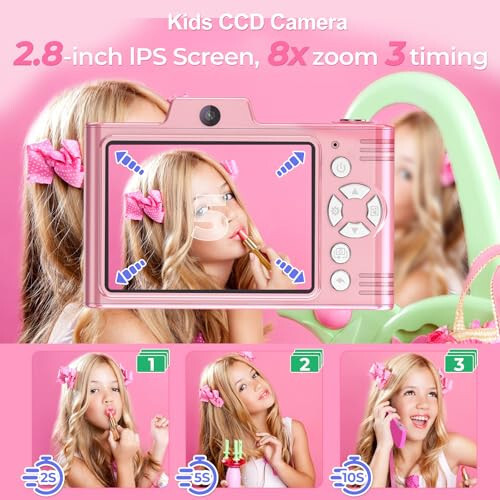 Digital Camera for Kids, 48MP 1080P FHD Camera with 64GB Card, 8X Digital Zoom Point and Shoot Digital Camera Compact Small Camera Gifts for Teens Students Children Kids Boys Girls(Pink) - 5