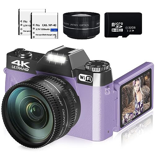 Digital Cameras for Photography, 4K 48MP Vlogging Camera 16X Digital Zoom Manual Focus Rechargeable Students Compact Camera with 52mm Wide-Angle & Macro Lens, 32G TF Card and 2 Batteries (Purple) - 1