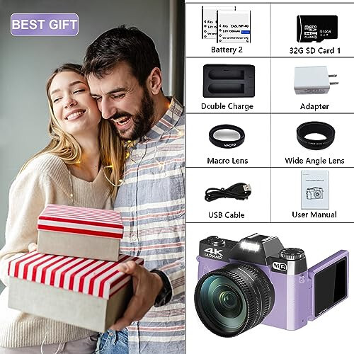 Digital Cameras for Photography, 4K 48MP Vlogging Camera 16X Digital Zoom Manual Focus Rechargeable Students Compact Camera with 52mm Wide-Angle & Macro Lens, 32G TF Card and 2 Batteries (Purple) - 7