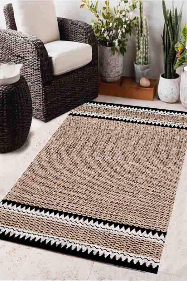 Digital Print Jute Look, Black Woven Rug, Machine Washable Living Room Rug Runner - 4