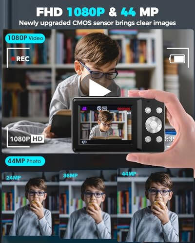 Dijital Kamera, FHD 1080P 44MP Çocuk Kamerası 32GB Kartlı, Kompakt Vlogging Kamerası Fotoğrafçılık İçin, Nokta ve Çekim Kamera 16X Zoom Titreşim Önleyici Taşınabilir Küçük Seyahat Kamerası Gençler Kızlar Erkekler Çocuklar İçin - 3