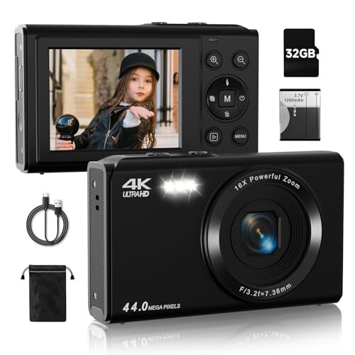 Dijital Kamera Yükseltmesi, FHD 4K 44MP Otomatik Odaklama Dijital Point and Shoot Video Kamera 16X Zoom, 32GB SD Kart, Genç Erkekler Kızlar Çocuklar İçin Ucuz Kompakt Dijital Kamera Siyah Kamera - 6