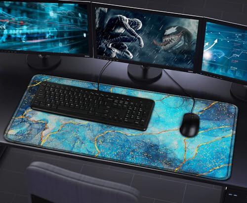 Dikişli Kenarlı Büyük Oyun Mouse Pad'i (31.5X15.7In), Dayanıklı Kaymaz Doğal Kauçuk Taban, Su Geçirmez Bilgisayar Klavye Ped Matı, Espor Profesyonelleri/Oyuncular/Masaüstü/Ofis/Ev için - Mermer Mavi - 7