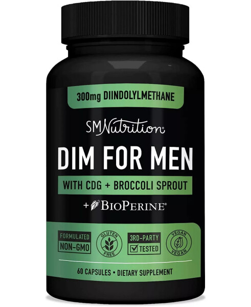 DIM Qo'shimchasi 300mg | Diindolylmethane Erkaklar uchun Estrogen Bloker | Gormon muvozanati va Fitnessni oshirish uchun BioPerine, Kalsiy D-Glukarat va Brokkoli kurtaklaridan Sulforafan | 60 Kapsula Rangsiz - 1