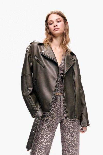 Distressed Faux Leather Biker Jacket - 8