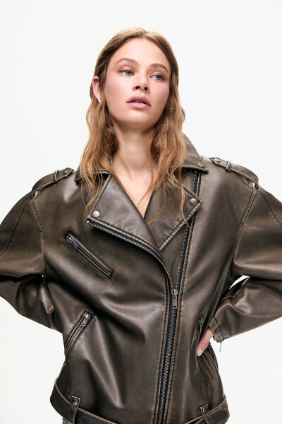 Distressed Faux Leather Biker Jacket - 12