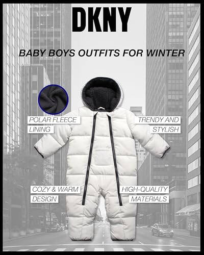 DKNY Baby Boys' Snow Pram - Newborn Sherpa Hood One Piece Snowsuit - Cozy Polar Fleece Lined Winter Coat for Baby Boys 12-24M - 2