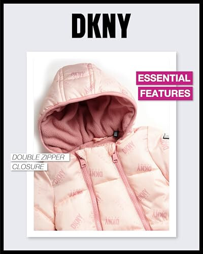 DKNY Baby Girls’ Snowsuit – Hooded Fleece Lined Warm Winter Coat – Zip Snow Pram for Newborns and Infants (0-24M) - 3