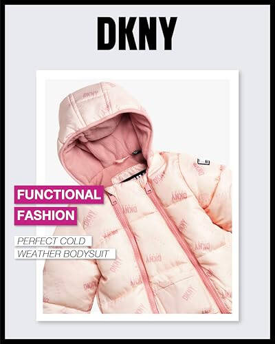 DKNY Baby Girls’ Snowsuit – Hooded Fleece Lined Warm Winter Coat – Zip Snow Pram for Newborns and Infants (0-24M) - 4