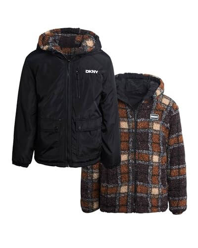 DKNY Boys' Puffer Jacket - Zip Up Hooded Reversible Puffer to Plaid Sherpa Winter Jacket - Outerwear Jackets for Boys (8-20) - 2