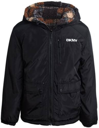 DKNY Boys' Puffer Jacket - Zip Up Hooded Reversible Puffer to Plaid Sherpa Winter Jacket - Outerwear Jackets for Boys (8-20) - 1