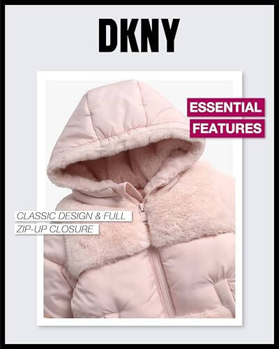 DKNY Infant Toddler Baby Girls' Qish kiyimlari- Qiz bolalar uchun polarkent astarli kaputli vatelangan kabarcık puffer kurtka (12A-4Y) - 3