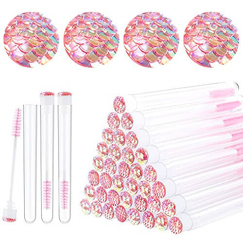 Dming 20 Pieces Disposable Mascara Brushes Eyelash Brush Lash Wand Diamond Mascara Wands with Tube Makeup Tool Lash Spoolies Sanitary Brushes Lash Extension Supplies (tube scale l pink 20) - 1