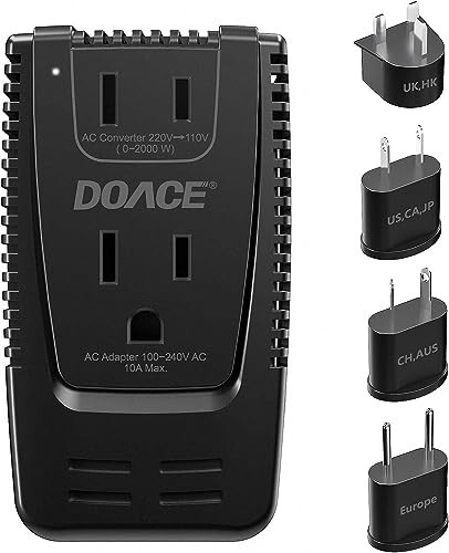 DOACE 2000W 220V to 110V Travel Voltage Converter for Hair Dryer/Straightener Curling Iron Electrical Kettle Toothbrush Shaver Laptop Cell Phone Camera, 10A Power Plug Adapters US to EU/UK/AU/Asia - 1