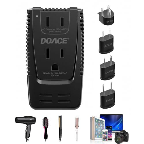 DOACE 2000W 220V to 110V Travel Voltage Converter for Hair Dryer/Straightener Curling Iron Electrical Kettle Toothbrush Shaver Laptop Cell Phone Camera, 10A Power Plug Adapters US to EU/UK/AU/Asia - 6