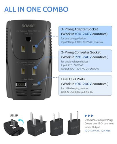 DOACE® 220V dan 110V ga Type-C bilan konvertor, 2000W sayohat kuchlanish konvertori soch fenini to'g'rilash mashinasi, kıvırıcı dazmoli uchun, 10A quvvat adapteri USB va EU/UK/AU/US vilkalari bilan noutbuk, planshet, kamera, mobil telefon uchun - 2