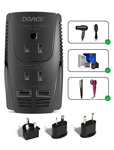 DOACE® 220V to 110V Converter, 2000W Travel Voltage Converter for Hair Dryer Straightener Curling Iron, 10A Power Adapter with 2 USB and EU/UK/AU/US Plugs for Charging Laptop Tablet Camera Cell Phone - 1