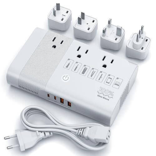 DOACE Max 500W Qadam pastga 100-220V dan 110V gacha Voltaj Konverteri, Sof Sinüs To'lqinli Quvvat Konverteri 2 USB-C, 2 USB-A Portlari, 3 AC Rozetskalari, Universal Quvvat Shteker Adapteri EU, UK, AU, IT 200 dan ortiq mamlakatlarda - 1