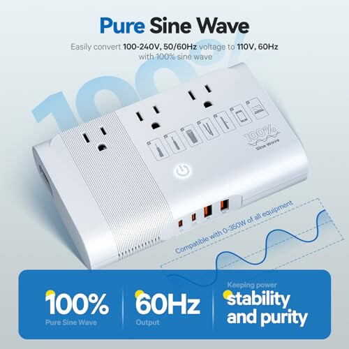 DOACE Max 500W Qadam pastga 100-220V dan 110V gacha Voltaj Konverteri, Sof Sinüs To'lqinli Quvvat Konverteri 2 USB-C, 2 USB-A Portlari, 3 AC Rozetskalari, Universal Quvvat Shteker Adapteri EU, UK, AU, IT 200 dan ortiq mamlakatlarda - 2