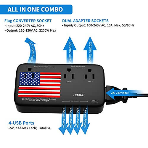 DOACE® X11 2200W Voltage Converter, 220V to 110V Converter for Hair Dryer Straightener Curling Iron, 10A Travel Power Adapter with 4-Port USB and US UK AU EU Plugs for Cell Phone Camera Tablet Laptop - 3