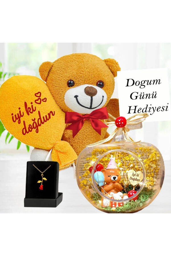 Doğum Günü Hediyesi Işıklı Teraryum & İyi Ki Doğdun Balonlu Ayıcık ve Gold Rose Gül Kolye - 4