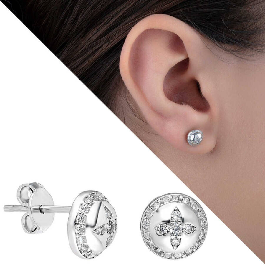 Dome Design 925 Sterling Silver Earrings with Zircon Stone - 3