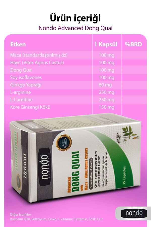 Dong Quai 35 Kapsül (MACA PANAX GİNSENG, VİTEX AGNUS CASTUS, GİNKO BİLOBA, L-ARGİNİNE, SELENYUM) - 3