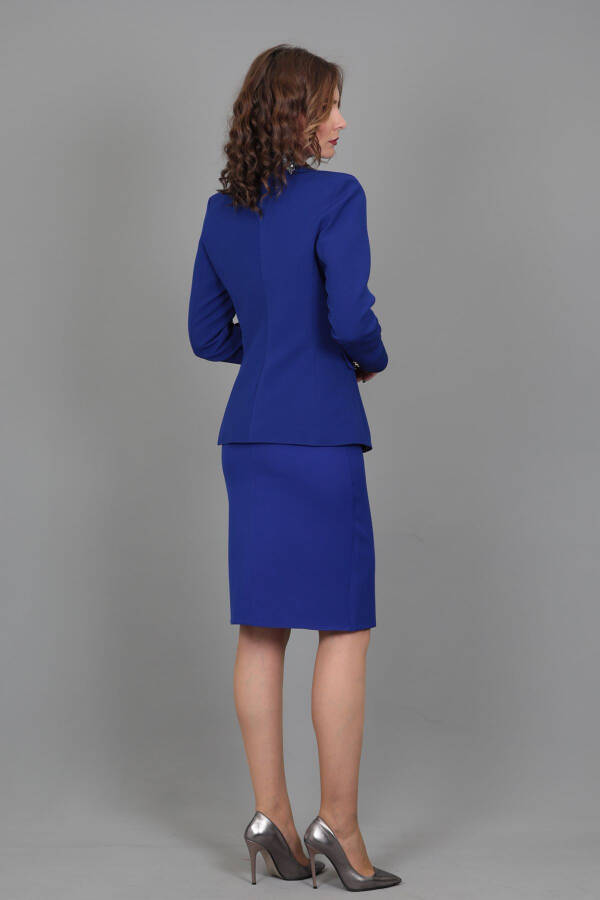 Double-Breasted Blazer & Pencil Skirt Suit - Teal - 11