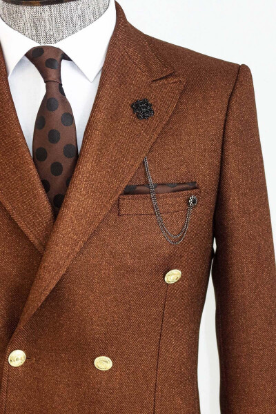 Double-Breasted Slim Fit Brown Men's Jacket - Wessi - 2