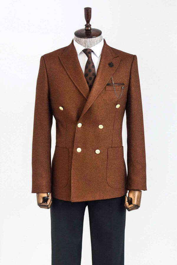 Double-Breasted Slim Fit Brown Men's Jacket - Wessi - 3