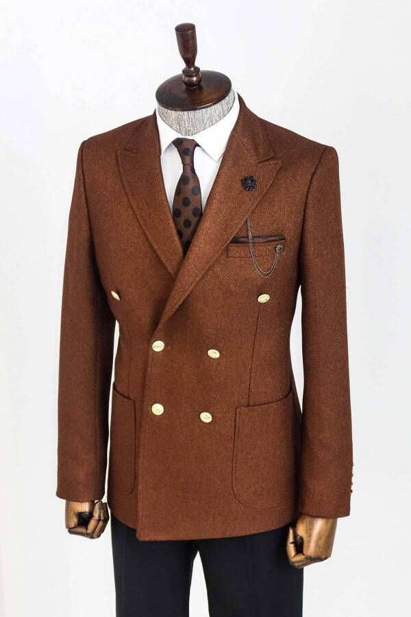 Double-Breasted Slim Fit Brown Men's Jacket - Wessi - 4