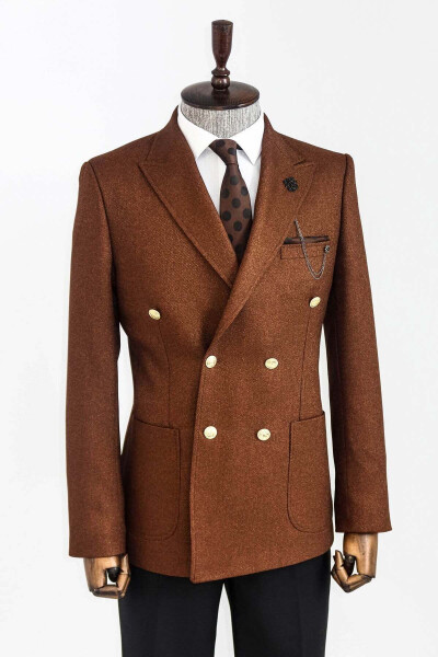 Double-Breasted Slim Fit Brown Men's Jacket - Wessi - 5