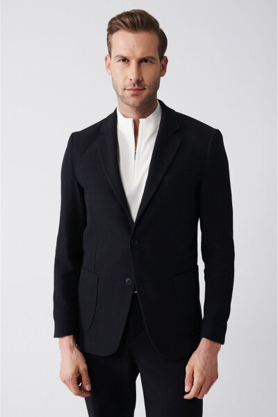 Double breasted, wool blend, textured, black, unlined men's jacket. - 9